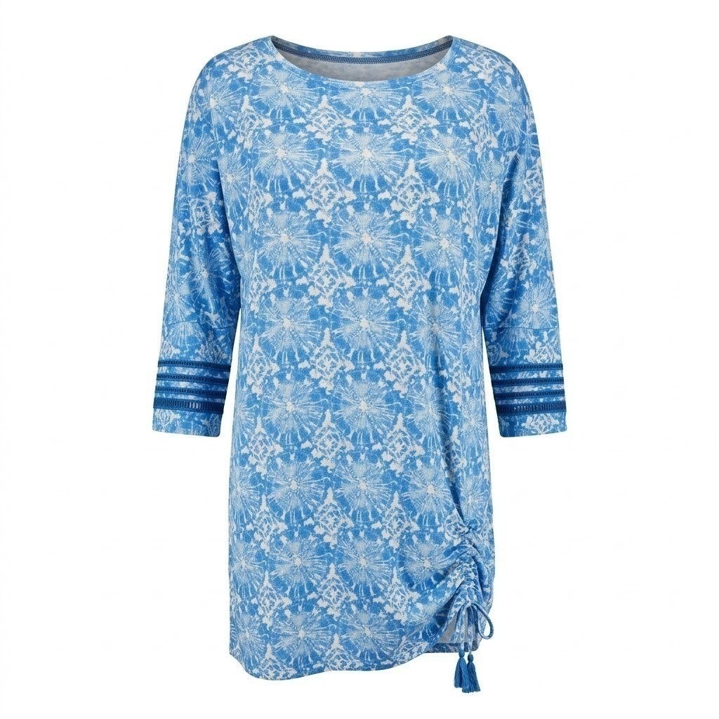 New Ali Miles Women's Large Blue White Batik Floral Linen Blend Tunic Top